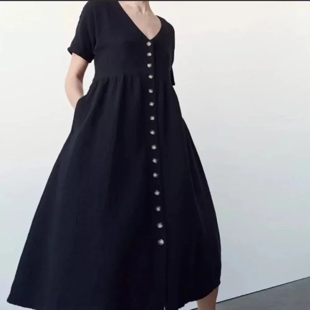 Madewell Nima Double Face Cotton Gauze Button Front Midi Dress - Black sz. S - Picture 2 of 4